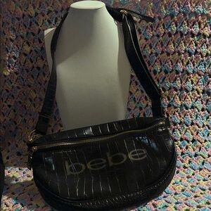 bebe Black Croc-Embossed Shoulder Bag